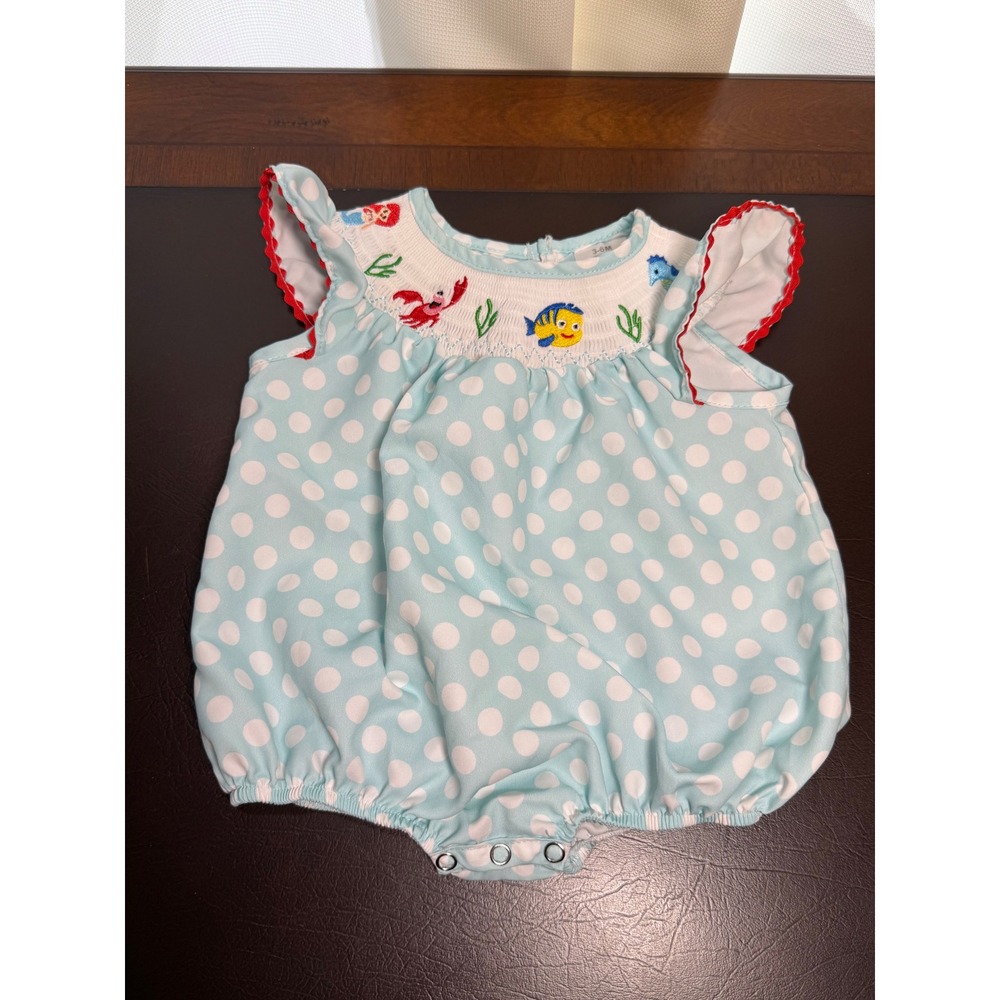 Baby Girl Smocked Mermaid Sea Life Bubble Romper Blue Polka Dot 3-6M